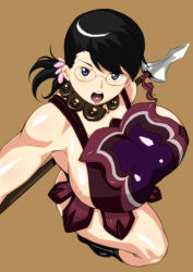Rule 34 | 1girl, apron, armor, armpits, black hair, blue eyes, boots, breasts, cattleya (queen&#039;s blade), curvy, donson, female focus, flower, glasses, hair ornament, housewife, huge breasts, mature female, open mouth, polearm, ponytail, queen&#039;s blade, short hair, sideboob, simple background, solo, spear, thighs, weapon