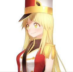 Rule 34 | 1girl, armor, bad id, bad twitter id, blonde hair, blush, breasts, closed mouth, commentary request, fpanda, from side, hat, highres, long hair, medium breasts, original, peaked cap, shoulder armor, simple background, smile, solo, pauldrons, uniform, white background, yellow eyes