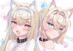 Rule 34 | 2girls, animal ear fluff, animal ears, belt collar, black collar, blonde hair, blue eyes, blue hair, blush, closed mouth, collar, dog ears, dog girl, dress, fang, fuwawa abyssgard, fuwawa abyssgard (1st costume), hair ornament, hairpin, highres, hololive, hololive english, long hair, looking at viewer, medium hair, miwapeito, mococo abyssgard, mococo abyssgard (1st costume), multicolored hair, multiple girls, open mouth, pink eyes, pink hair, shirt, siblings, sisters, spiked collar, spikes, streaked hair, twins, two side up, virtual youtuber, white background, white dress, white shirt, x hair ornament