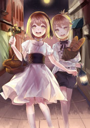 Rule 34 | 1boy, 1girl, alternate costume, bad id, bad pixiv id, basket, blonde hair, bread, brother and sister, casual, dress, european clothes, flowers in hand, food, jacket, kagamine len, kagamine rin, lantern, loaf, moon, neck ribbon, night, open mouth, package, retro clothes, ribbon, ribbon bow, rifsom, road, short hair, short sleeves, shorts, siblings, street, thighhighs, twins, urban, vocaloid, waistband, white dress