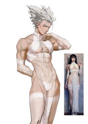 Rule 34 | 1boy, abs, absurdres, arm behind back, bara, bridal gauntlets, brown eyes, closed mouth, dress, dudlesnoodles, garou (one-punch man), highres, image sample, large pectorals, looking at viewer, male focus, muscular, muscular male, navel, one-punch man, pectorals, photo-referenced, see-through, see-through dress, see-through sleeves, short hair, solo, thick thighs, thighhighs, thighs, thong, white dress, white hair