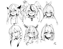 Rule 34 | 6+girls, :d, absurdres, ahoge, animal ears, antlers, blush, branch, ceres fauna, ceres fauna (1st costume), closed eyes, collar, crossed bangs, demon horns, detached collar, double-parted bangs, fang, feather hair ornament, feathers, hair between eyes, hair intakes, hair ornament, hakos baelz, hakos baelz (1st costume), halterneck, highres, holocouncil, hololive, hololive english, horns, irys (hololive), irys (irys 2.0) (hololive), limiter (tsukumo sana), lineart, long hair, looking at viewer, mouse ears, mousetrap, mpmrpjb, multicolored hair, multiple girls, nanashi mumei, nanashi mumei (1st costume), open mouth, ouro kronii, ouro kronii (1st costume), planet hair ornament, portrait, sharp teeth, short hair, smile, smug, spiked collar, spikes, streaked hair, teeth, tsukumo sana, tsukumo sana (1st costume), twintails, very long hair, virtual youtuber