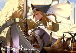 Rule 34 | 1girl, armor, blonde hair, braid, cape, gauntlets, highres, knight, pixiv fantasia, pixiv fantasia fallen kings, realmbw, red eyes, shield, solo, sword, weapon