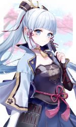 Rule 34 | 1girl, arm guards, armor, armored dress, ayaka (genshin impact), blue dress, blue eyes, blue hair, blue shirt, blunt bangs, blush, breastplate, breasts, bridal gauntlets, detached sleeves, dress, folding fan, genshin impact, hair ornament, hand fan, highres, japanese armor, jewelry, large breasts, light blue hair, long hair, looking at viewer, misumi (macaroni), neck ring, open clothes, open shirt, ponytail, rope, shirt, short sleeves, sidelocks, smile, solo, tassel