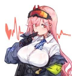 Rule 34 | 1girl, aningay, blush, breasts, checkered clothes, checkered neckwear, commentary request, earrings, electroshock weapon, fang, finger to mouth, girls&#039; frontline, gloves, goggles, goggles on head, hair ornament, hairclip, heart, jacket, jewelry, korean commentary, large breasts, less-than-lethal weapon, long hair, long sleeves, mole, mole under eye, neck tattoo, off shoulder, pink hair, red eyes, shirt, sidelocks, sig mcx (girls&#039; frontline), skin fang, solo, taser, tattoo, upper body, white background, white shirt