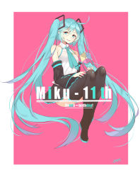Rule 34 | 1girl, absurdres, artist name, black footwear, black skirt, blue eyes, blue hair, blue necktie, blush, boots, breasts, detached sleeves, full body, happy birthday, hatsune miku, highres, long hair, looking at viewer, medium breasts, necktie, parted lips, peng yong, pink background, signature, simple background, skirt, smile, solo, thigh boots, thighhighs, twintails, very long hair, vocaloid