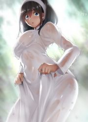 Rule 34 | 10s, 1girl, :o, arched back, black hair, blue eyes, blush, breasts, clothes lift, commentary request, covered navel, day, hair between eyes, hairband, hip focus, idolmaster, idolmaster cinderella girls, large breasts, long hair, long sleeves, looking at viewer, murasame nohito, outdoors, parted lips, rain, sagisawa fumika, see-through, shirt, skirt, skirt lift, solo, thighs, vietnamese dress, water drop, wet, wet clothes, white hairband, white shirt