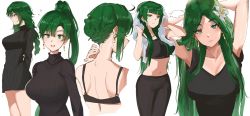 Rule 34 | absurdres, alternate costume, asymmetrical bangs, braid, breasts, earrings, fire emblem, fire emblem: the blazing blade, green eyes, green hair, hair down, high ponytail, highres, jewelry, large breasts, looking at viewer, lyn (fire emblem), multiple views, nintendo, ormille, ponytail, simple background, white background