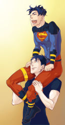 Rule 34 | 1boy, 2boys, black hair, blue eyes, bodysuit, boots, carrying, dc comics, dual persona, earrings, flying, highres, jewelry, kon-el, multiple boys, multiple persona, open mouth, s shield, shirt, smile, superboy, superman (series), t-shirt, young justice, young justice: invasion