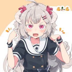 Rule 34 | 1girl, :d, ahoge, blush, buttons, commentary request, double-breasted, emoji, grey hair, hair ornament, hairclip, hanasaki ayame, horns, kuusou code plus, long hair, looking at viewer, open mouth, orange background, red eyes, sailor collar, smile, solo, totomono, two-tone background, upper body, virtual youtuber, white background, wristband