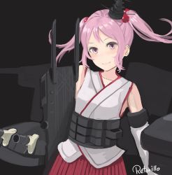 Rule 34 | bad id, bad twitter id, black background, cannon, cosplay, flight deck, fusou (kancolle), fusou (kancolle) (cosplay), highres, kantai collection, pink eyes, pink hair, retorillo, rigging, sazanami (kancolle), solo, twintails