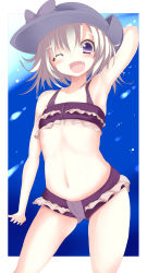 Rule 34 | 1girl, armpits, arms up, belly, blonde hair, fang, hat, highres, midriff, navel, one eye closed, open mouth, original, purple eyes, short hair, sukage, wink