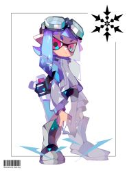 Rule 34 | 1girl, amakusa (hidorozoa), artist name, bad id, bad twitter id, barcode, bike shorts, blue hair, blunt bangs, boots, closed mouth, commentary request, goggles, goggles on head, grey jacket, inkling, inkling girl, inkling player character, jacket, long sleeves, looking at viewer, nintendo, pink eyes, simple background, solo, splatoon (series), splatoon 1, standing, white background