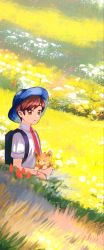Rule 34 | 1boy, backpack, bag, black bag, blue headwear, brown eyes, brown hair, closed mouth, commentary request, creatures (company), day, florian (pokemon), game freak, grass, hat, highres, holding, holding pokemon, male focus, necktie, nintendo, obabu 316, outdoors, pawmi, pokemon, pokemon (creature), pokemon sv, shirt, short hair, short sleeves, smile