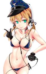 10s 1girl bad_id bad_pixiv_id bikini blonde_hair breasts female_focus franz_(217franz) gloves green_eyes hat headphones highres kantai_collection long_hair peaked_cap prinz_eugen_(kancolle) simple_background smile solo string_bikini swimsuit twintails