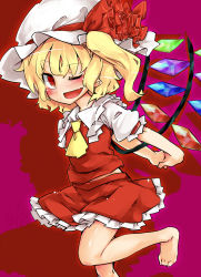 Rule 34 | 1girl, arms behind back, ascot, barefoot, commentary request, crystal, flandre scarlet, harry (namayake), hat, hat ribbon, highres, mob cap, one eye closed, own hands clasped, own hands together, pointy ears, puffy short sleeves, puffy sleeves, red eyes, ribbon, short sleeves, side ponytail, skirt, skirt set, solo, touhou, wings