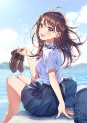 Rule 34 | 1girl, :d, animal ears, bag, barefoot, blue skirt, blurry, blush, breast pocket, brown eyes, brown footwear, commentary request, dated, depth of field, duffel bag, from side, gloves, highres, holding, holding clothes, holding footwear, loafers, long hair, looking at viewer, looking to the side, medium skirt, morikura en, mountainous horizon, open mouth, original, pleated skirt, pocket, round teeth, school uniform, shirt, shoes, unworn shoes, short sleeves, signature, skirt, smile, solo, tareme, teeth, upper teeth only, water, white gloves, white shirt