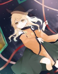 Rule 34 | 1girl, black background, black footwear, black hat, blonde hair, boots, brown eyes, brown hat, cape, closed mouth, constellation, constellation print, detached sleeves, door, earrings, eyelashes, eyes visible through hair, fingernails, flying, gradient background, green skirt, grey background, hair between eyes, hand up, hat, highres, jewelry, long fingernails, long hair, long sleeves, looking back, looking to the side, matara okina, nail polish, open door, orange cape, pink nails, purple background, shirt, skirt, solo, tabard, tape, touhou, umi (nana spring), white shirt, wide sleeves