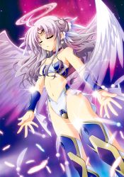 Rule 34 | 1girl, :o, absurdres, angel wings, arm guards, armor, bodysuit, closed eyes, feathers, floating, glowing, greaves, grey hair, hair bun, halo, headgear, higa yukari, highres, leotard, midriff, navel, open mouth, revealing clothes, single hair bun, stomach, white wings, wings