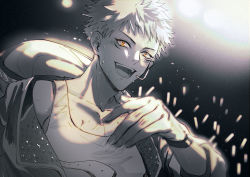 Rule 34 | 1boy, collarbone, facial mark, greyscale, hand up, highres, hood, hood down, itadori yuuji, jacket, jujutsu kaisen, looking at viewer, male focus, monochrome, open mouth, short hair, smile, solo, spiked hair, spot color, sweat, tank top, whitetown, wristband, yellow eyes