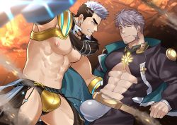 Rule 34 | 2boys, abs, abs cutout, bara, bare pectorals, black hair, black shirt, bulge, cleavage cutout, clothing cutout, commission, couple, crotchless, crotchless pants, earrings, facial hair, goatee, green eyes, gyee, highres, jewelry, kienbiu, large pectorals, long sideburns, male focus, multicolored hair, multiple boys, muscular, navel, nipples, pectorals, purple hair, revealing clothes, second-party source, shirt, short hair, shrug (clothing), sideburns, skin tight, spread legs, su (gyee), thick thighs, thigh cutout, thighs, two-tone hair, yan (gyee), yaoi