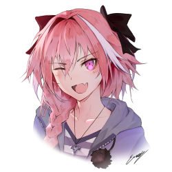 Rule 34 | 1boy, ;d, astolfo (fate), bad id, bad pixiv id, black bow, black ribbon, bow, braid, collarbone, commentary, english commentary, erospanda, fang, fate/apocrypha, fate (series), hair between eyes, hair bow, hair intakes, hair over shoulder, hair ribbon, head tilt, highres, hood, hood down, hoodie, long hair, looking at viewer, male focus, multicolored hair, official alternate costume, one eye closed, open clothes, open hoodie, open mouth, pink eyes, pink hair, pom pom (clothes), portrait, purple hoodie, purple shirt, ribbon, shirt, sidelocks, signature, simple background, single braid, skin fang, smile, solo, streaked hair, striped clothes, striped shirt, trap, tsurime, white background, white shirt, zipper