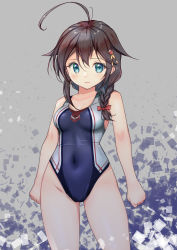 Rule 34 | 1girl, absurdres, adapted costume, ahoge, black hair, blue eyes, braid, breasts, commentary request, competition swimsuit, covered navel, cowboy shot, fingerless gloves, gloves, grey background, hair flaps, hair ornament, hair over shoulder, highres, kantai collection, long hair, looking at viewer, medium breasts, multicolored clothes, multicolored swimsuit, one-piece swimsuit, shigure (kancolle), shigure kai ni (kancolle), shirt, single braid, solo, swimsuit, yashin (yasinz)