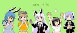 Rule 34 | 2017, 5girls, animal ears, blazer, blonde hair, blue dress, blue hair, brown eyes, brown hair, carrot necklace, comic, commentary request, dated, dress, dropping, easter, easter egg, egg, food, hand on own hip, hand up, holding, holding egg, holding food, inaba tewi, jacket, light brown hair, long hair, long sleeves, midriff, multiple girls, navel, necklace, necktie, open mouth, orange shirt, pink dress, pink hair, pleated skirt, purple eyes, purple hair, rabbit ears, rabbit tail, reisen, reisen udongein inaba, ringo (touhou), seiran (touhou), shaded face, shirt, short hair, short sleeves, sidelocks, skirt, smile, surprised, tail, tako (plastic protein), throwing, touhou, white shirt, yellow skirt