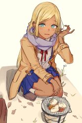 Rule 34 | 1girl, autumn leaves, blonde hair, blue skirt, blush, brown bag, brown coat, chopsticks, coat, commentary request, cooking, cropped, dark-skinned female, dark skin, duffel coat, food, grill, highres, holding, holding chopsticks, idolmaster, idolmaster cinderella girls, layla (idolmaster), light smile, long hair, looking at viewer, miso unagi, neck ribbon, open clothes, open coat, outdoors, parted bangs, pleated skirt, purple scarf, red ribbon, ribbon, scarf, skirt, socks, solo, squatting, straight hair, very long hair, white socks