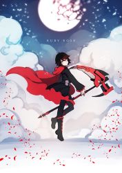 Rule 34 | 1girl, bad id, bad twitter id, broken moon, cape, character name, cloud, crescent rose, ecru, moon, pantyhose, petals, red hair, ruby rose, rwby, grey eyes, solo