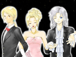Rule 34 | 1990s (style), 1girl, 2boys, bare shoulders, blonde hair, blue eyes, bow, bowtie, cain highwind, cecil harvey, dress, closed eyes, final fantasy, final fantasy iv, formal, gloves, jewelry, long hair, mkn, multiple boys, necklace, open mouth, orange eyes, ponytail, rosa farrell, silver hair, suit, wink