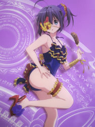 Rule 34 | 10s, 1girl, :o, ahoge, armpits, ass, black hair, blue eyes, blue one-piece swimsuit, blush, bow, breasts, bridal garter, casual one-piece swimsuit, chocolate banana, chuunibyou demo koi ga shitai!, collarbone, cropped, eyepatch, feet, food, frilled swimsuit, frills, from side, hair between eyes, hair ornament, hair scrunchie, hand on own hip, high heels, highres, holding, leg lift, legs, long legs, looking at viewer, looking back, magic circle, official art, one-piece swimsuit, pinky out, purple background, red bow, red footwear, ribbon, runes, scan, scrunchie, shoe dangle, shoes, short hair, side ponytail, small breasts, solo, standing, standing on one leg, surprised, swimsuit, takanashi rikka, thighs, wrist ribbon, yellow bow, yellow ribbon
