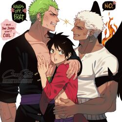 Rule 34 | 3boys, angry, black coat, black hair, black pants, clenched teeth, coat, colored skin, commentary, crezz (infj crezz), dark-skinned male, dark skin, earrings, english commentary, grabbing, grabbing another&#039;s breast, green hair, half-closed eyes, haramaki, highres, jewelry, male focus, mature male, monkey d. luffy, multiple boys, one piece, pants, pectoral cleavage, pectorals, red shirt, roronoa zoro, seraphim (one piece), shirt, simple background, single earring, tan, teeth, white background, white hair, white shirt, white skin, yaoi