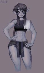 Rule 34 | 1girl, abs, absurdres, artist name, bare arms, bare shoulders, black hair, black sclera, braid, colored sclera, colored skin, commentary, commission, cowboy shot, crop top, english commentary, fang, grey background, grey skin, hands on own hips, highres, long hair, looking at viewer, matilda fiship, midriff, navel, original, parted lips, pointy ears, scales, simple background, smirk, solo, stomach, sweat, teeth, toned, towel on one shoulder
