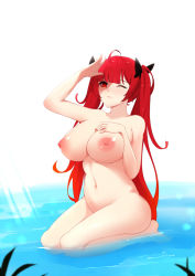 Rule 34 | ass, azur lane, breasts, cleavage, hand on own chest, honolulu (azur lane), large breasts, nipples, nude, partially submerged, toki to shishin, twintails