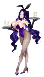 Rule 34 | 1girl, alcohol, alternate hairstyle, animal ears, bare shoulders, black gloves, breasts, champagne, champagne flute, cleavage, commentary request, cup, drinking glass, elbow gloves, fake animal ears, fate/grand order, fate (series), fishnets, gloves, high heels, highres, huge breasts, jojo sono, legs, lipstick, makeup, minamoto no raikou (fate), pantyhose, playboy bunny, purple eyes, purple hair, rabbit ears, rabbit tail, simple background, smile, solo, tail, twintails, white background
