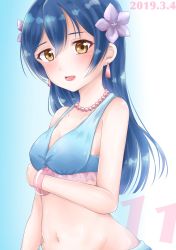 Rule 34 | 1girl, bikini, blue hair, blush, bracelet, commentary request, dated, flower, frilled bikini, frills, hair between eyes, hair flower, hair ornament, hibiscus, highres, jewelry, long hair, looking at viewer, love live!, love live! school idol project, natsuiro egao de 1 2 jump!, necklace, open mouth, rin5325, solo, sonoda umi, swimsuit, upper body, yellow eyes