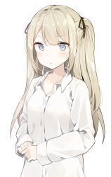 Rule 34 | 1girl, :&lt;, bad id, bad twitter id, black ribbon, blonde hair, blue eyes, blush, closed mouth, collarbone, hair between eyes, hair ribbon, highres, kurut, long hair, looking at viewer, original, own hands together, ribbon, shirt, simple background, solo, twintails, upper body, white background, white shirt