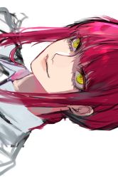 Rule 34 | 1girl, absurdres, ancoo mm, braid, braided ponytail, chainsaw man, collared shirt, highres, light smile, looking to the side, makima (chainsaw man), medium hair, red hair, ringed eyes, shirt, sidelocks, sideways, simple background, solo, white background, white shirt, yellow eyes