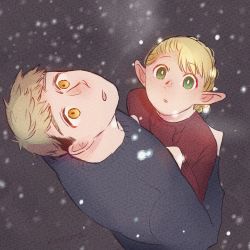 Rule 34 | 1boy, 1girl, blonde hair, dungeon meshi, elf, green eyes, grey sweater, highres, hug, kuntama11, laios touden, looking up, marcille donato, pointy ears, red sweater, snow, sweater, yellow eyes