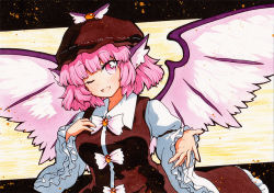 Rule 34 | 1girl, animal ears, bad id, bad pixiv id, bird ears, brown skirt, brown vest, collared shirt, earrings, frilled skirt, frills, hand on own chest, hat, jewelry, juliet sleeves, long sleeves, looking at viewer, mystia lorelei, one eye closed, open mouth, pink hair, puffy sleeves, purple wings, qqqrinkappp, shirt, single earring, skirt, solo, touhou, traditional media, upper body, vest, white shirt, wide sleeves, winged hat, wings, yellow background