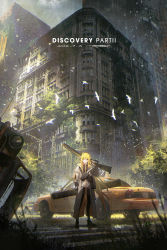 Rule 34 | 1girl, artist name, building, car, city, cityscape, coat, commentary, dated, english commentary, english text, ford, ford crown victoria, grass, gun, highres, holding, holding gun, holding weapon, long hair, long sleeves, motor vehicle, nerok, orange hair, original, outdoors, ruins, scenery, signature, skyscraper, solo, standing, taxi, watermark, weapon, white coat, wide shot, wreckage