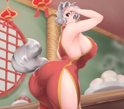 Rule 34 | 1girl, :&lt;, absurdres, animal ears, armpits, ass, baozi, bare shoulders, breasts, china dress, chinese clothes, curvy, dress, eyebrows, food, grey hair, highres, huge ass, huge breasts, inubashiri momiji, leaning forward, looking at viewer, looking back, looking down, red eyes, short hair, sideboob, solo, tail, thick thighs, thighs, tochinoko, touhou, v-shaped eyebrows, wolf ears, wolf tail