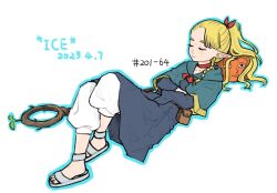 Rule 34 | 1girl, belt pouch, blonde hair, blue capelet, blue outline, blue robe, braid, capelet, choker, closed eyes, crossed arms, crossed legs, dated, dungeon meshi, elf, full body, hood, hood down, hooded capelet, knees up, long hair, long sleeves, lying, marcille donato, on back, outline, pants, pointy ears, ponytail, pouch, pumpkin, robe, sand, sandals, simple background, single braid, sleeping, solo, sprout, staff, white background, white pants, xinjinjumin642174478506