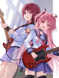 2girls :d angel_beats! black_thighhighs choker cowboy_shot electric_guitar fukahire_(ruinon) guitar happy highres holding indoors instrument long_hair long_sleeves miniskirt multiple_girls nakamura_yuri open_mouth pink_eyes pink_hair purple_skirt red_hair sailor_collar shirt short_hair skirt smile teeth thighhighs two-tone_skirt upper_teeth_only white_shirt window yui_(angel_beats!) zettai_ryouiki