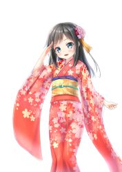 Rule 34 | 10s, 1girl, :d, alternate costume, aqua eyes, asashio (kancolle), black hair, blush, gotou hisashi, hair ornament, highres, japanese clothes, kantai collection, kimono, long hair, looking at viewer, open mouth, salute, simple background, smile, solo, white background