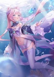 Rule 34 | 1girl, absurdres, amulet, bare shoulders, bow, bow-shaped hair, crop top, detached collar, detached sleeves, dress, felnemo, fish, floating hair, freediving, genshin impact, gloves, gradient hair, half gloves, highres, japanese clothes, long hair, long sleeves, midriff, multicolored hair, navel, off shoulder, open mouth, pink eyes, pink hair, ponytail, purple bow, purple eyes, purple hair, purple shorts, purple thighhighs, sangonomiya kokomi, short shorts, shorts, solo, stomach, strapless, sunlight, thighhighs, thighs, underwater, very long hair, vision (genshin impact), water, white gloves
