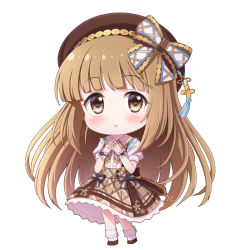 Rule 34 | 1girl, :o, beret, blunt bangs, blush, brown eyes, brown hair, checkered clothes, checkered skirt, chibi, commentary request, hat, idolmaster, idolmaster cinderella girls, long hair, long skirt, looking at viewer, own hands together, scrunchie, shirt, short sleeves, sidelocks, simple background, skirt, solo, sui. (ayase), white background, white shirt, wrist scrunchie, yorita yoshino