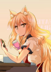 Rule 34 | 1girl, animal ear fluff, animal ears, breasts, cellphone, drinking straw, fate/extra, fate/extra ccc, fate/extra ccc fox tail, fate/grand order, fate (series), fox ears, from side, haku (grimjin), highres, long hair, looking at viewer, looking to the side, medium breasts, orange hair, phone, school uniform, shirt, short sleeves, smartphone, soda, solo, suzuka gozen (fate), upper body, very long hair, white shirt, yellow eyes