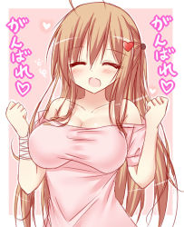 Rule 34 | 1girl, ^ ^, bare shoulders, blush, breasts, clenched hands, closed eyes, ganbare ganbare (itou life), hair ornament, hairclip, heart, large breasts, long hair, off shoulder, open mouth, original, sakurapochi, smile, solo, translated, upper body
